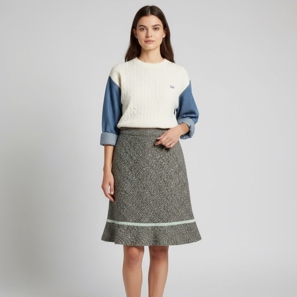 Vintage GAP Tweed Skirt Sz 4 A-Line Flounce Hem Lined Mint Green Trim Preppy Y2K
